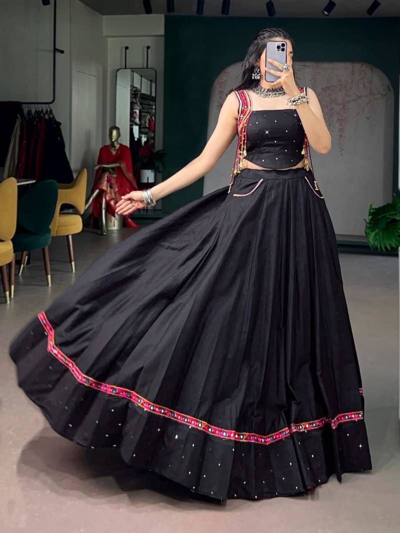 black cotton silk handmade traditional lehenga choli with free size upto 42