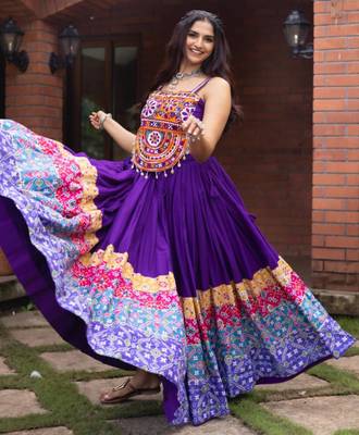 purple rayon printed traditional lehenga choli with free size upto 42 4