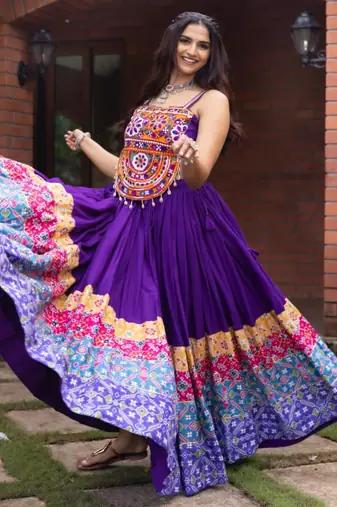 purple rayon printed traditional lehenga choli with free size upto 42