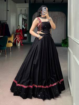 black cotton silk handmade traditional lehenga choli with free size upto 42 2