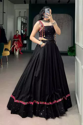 black cotton silk handmade traditional lehenga choli with free size upto 42