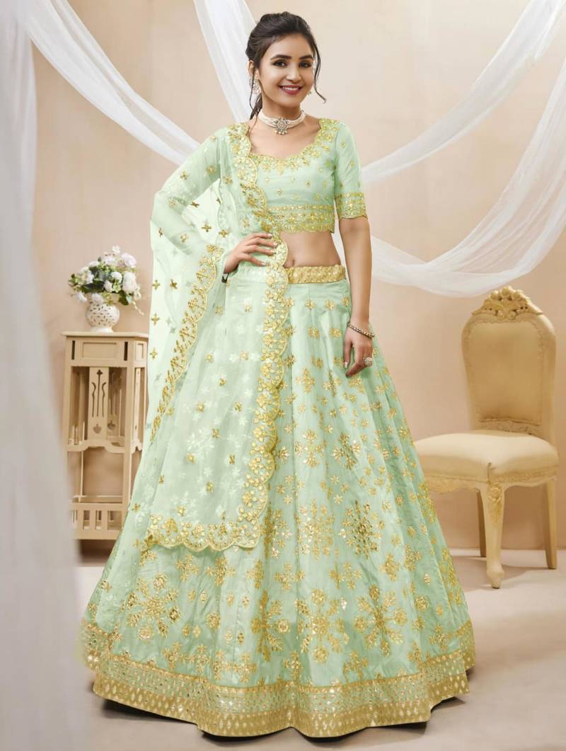 sea green art silk embroidered traditional lehenga choli