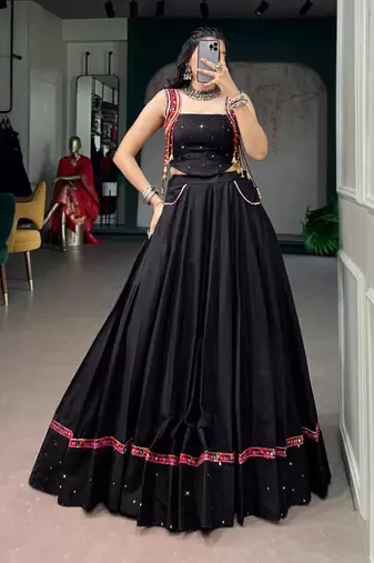 black cotton silk handmade traditional lehenga choli with free size upto 42