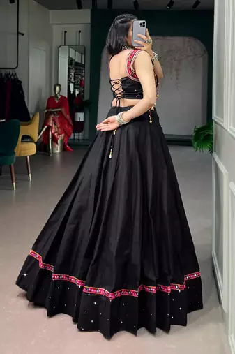 black cotton silk handmade traditional lehenga choli with free size upto 42