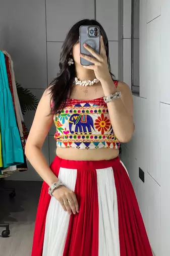 multicolor rayon printed traditional lehenga choli with free size upto 44
