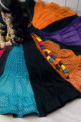 multicolor rayon printed traditional lehenga choli with free size upto 44
