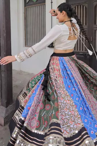 multicolor cotton silk embroidered traditional lehenga choli with free size upto 42