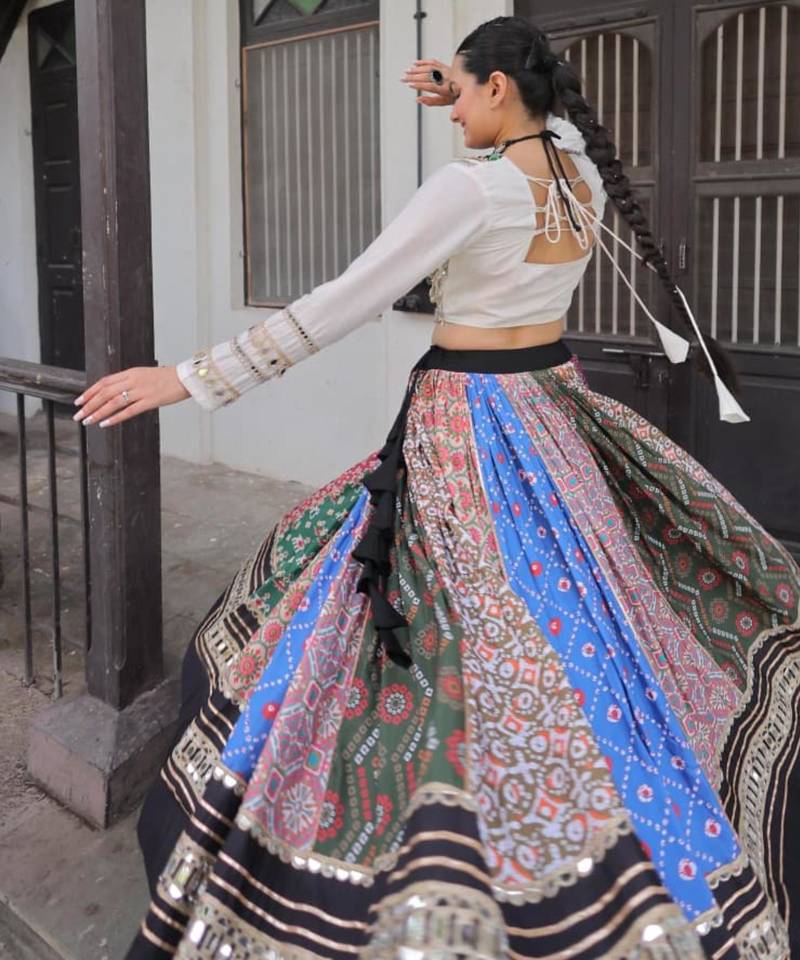 multicolor cotton silk embroidered traditional lehenga choli with free size upto 42