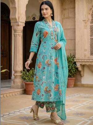 Women Floral Printed Beads and Stones Cotton Kurta with Trousers & With Dupatta 3