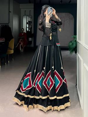 black silk blend embroidered traditional lehenga choli with free size upto 42 1