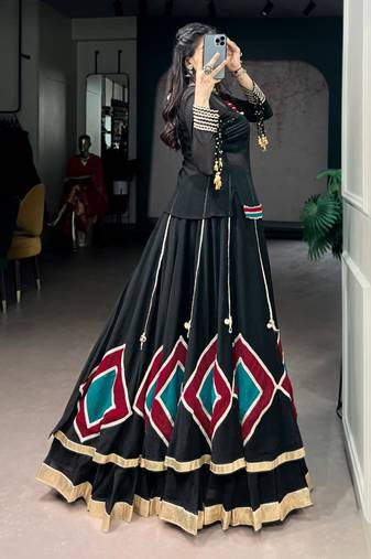 black silk blend embroidered traditional lehenga choli with free size upto 42