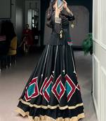 black silk blend embroidered traditional lehenga choli with free size upto 42