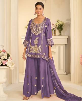 Lavender silk blend with hand work with real mirror kurta palazzo with dupatta 1