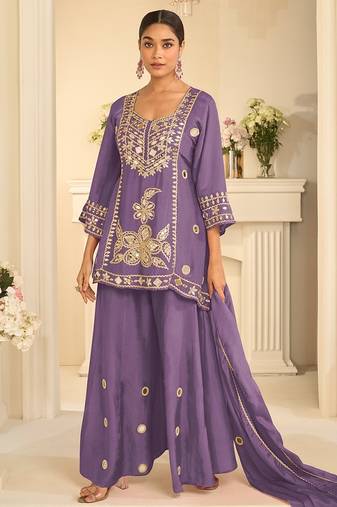 Lavender silk blend with hand work with real mirror kurta palazzo with dupatta