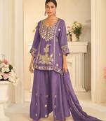 Lavender silk blend with hand work with real mirror kurta palazzo with dupatta