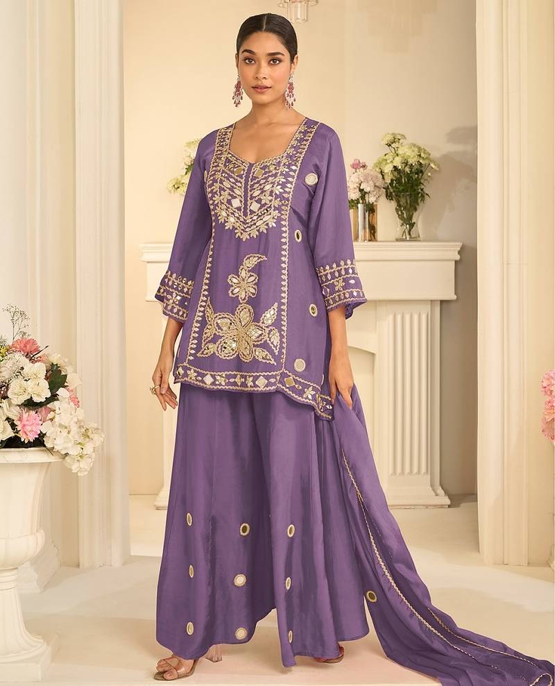 Lavender silk blend with hand work with real mirror kurta palazzo with dupatta