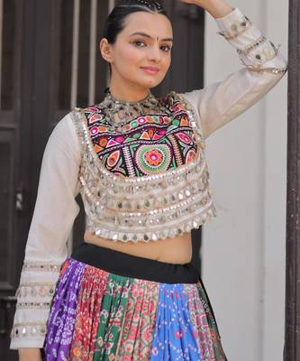 multicolor cotton silk embroidered traditional lehenga choli with free size upto 42 2