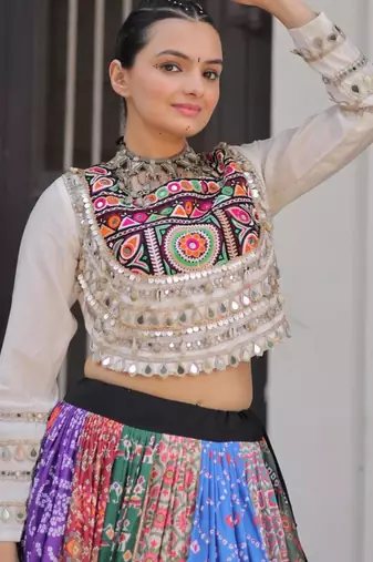 multicolor cotton silk embroidered traditional lehenga choli with free size upto 42