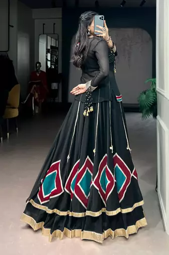 black silk blend embroidered traditional lehenga choli with free size upto 42