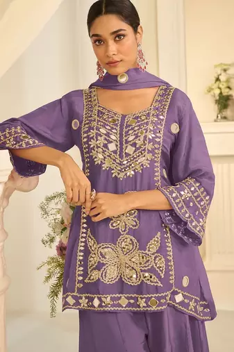 Lavender silk blend with hand work with real mirror kurta palazzo with dupatta