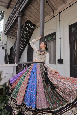 multicolor cotton silk embroidered traditional lehenga choli with free size upto 42 3