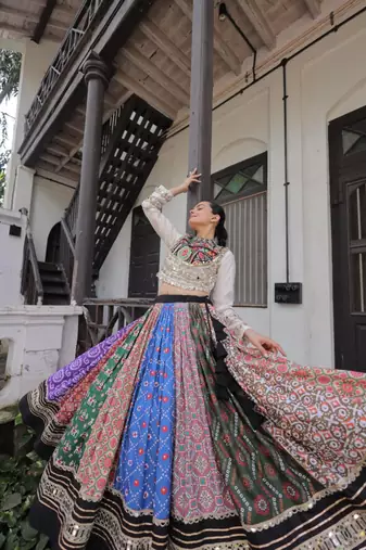 multicolor cotton silk embroidered traditional lehenga choli with free size upto 42