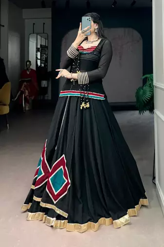 black silk blend embroidered traditional lehenga choli with free size upto 42