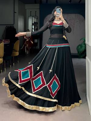 black silk blend embroidered traditional lehenga choli with free size upto 42 4