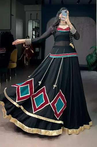 black silk blend embroidered traditional lehenga choli with free size upto 42