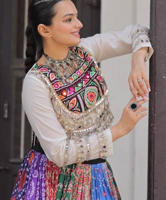 multicolor cotton silk embroidered traditional lehenga choli with free size upto 42 4