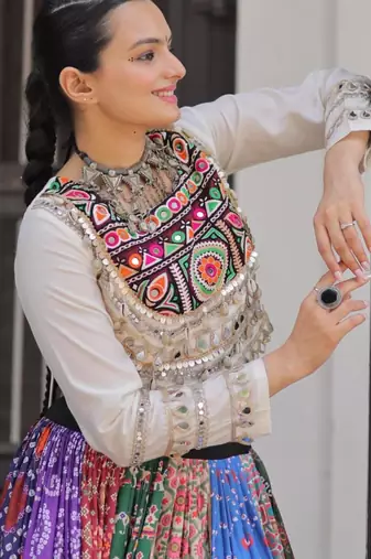 multicolor cotton silk embroidered traditional lehenga choli with free size upto 42