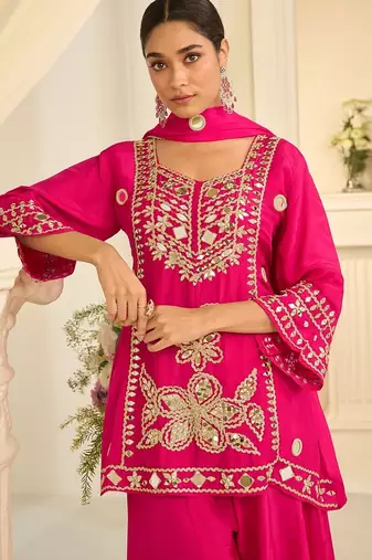 Ranipink silk blend with hand work with real mirror kurta palazzo with dupatta