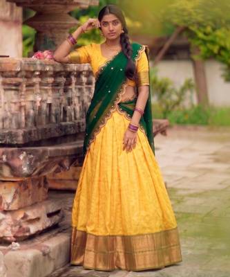yellow cotton silk woven traditional lehenga choli with free size upto 42 1