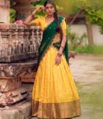 yellow cotton silk woven traditional lehenga choli with free size upto 42