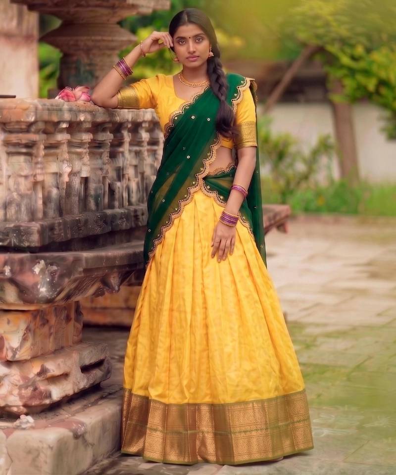 yellow cotton silk woven traditional lehenga choli with free size upto 42