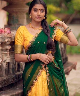 yellow cotton silk woven traditional lehenga choli with free size upto 42 2