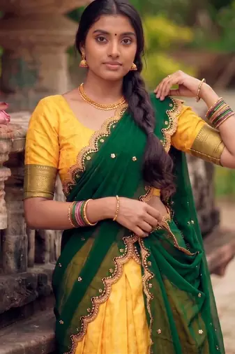 yellow cotton silk woven traditional lehenga choli with free size upto 42
