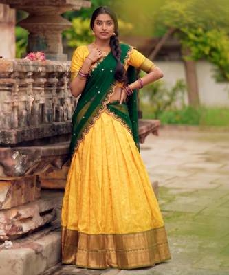 yellow cotton silk woven traditional lehenga choli with free size upto 42 3