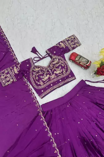 purple chinon embroidered traditional lehenga choli with free size upto 42