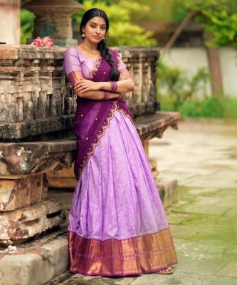 lavender cotton silk woven traditional lehenga choli with free size upto 42 1