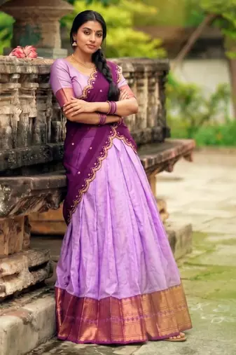 lavender cotton silk woven traditional lehenga choli with free size upto 42