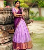 lavender cotton silk woven traditional lehenga choli with free size upto 42