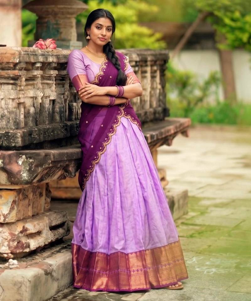 lavender cotton silk woven traditional lehenga choli with free size upto 42