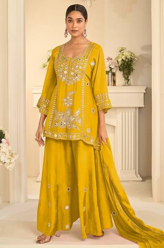 Yellow silk blend with hand work with real mirror kurta palazzo with dupatta