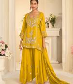 Yellow silk blend with hand work with real mirror kurta palazzo with dupatta