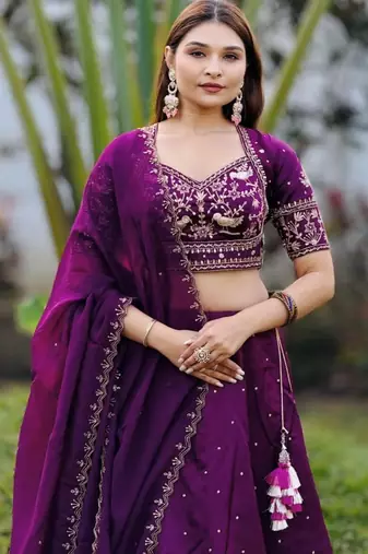 purple chinon embroidered traditional lehenga choli with free size upto 42