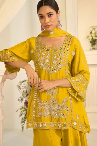 Yellow silk blend with hand work with real mirror kurta palazzo with dupatta