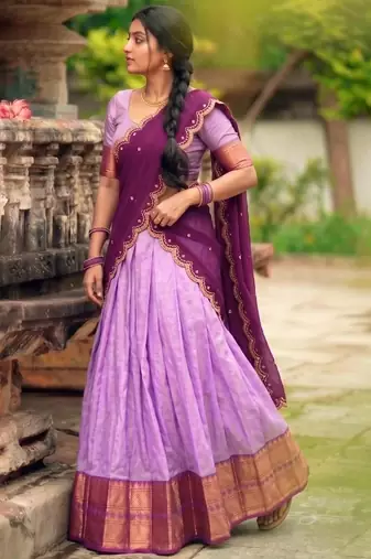 lavender cotton silk woven traditional lehenga choli with free size upto 42