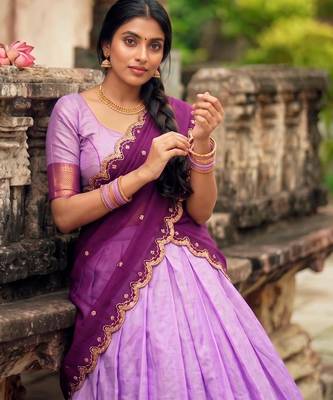 lavender cotton silk woven traditional lehenga choli with free size upto 42 3