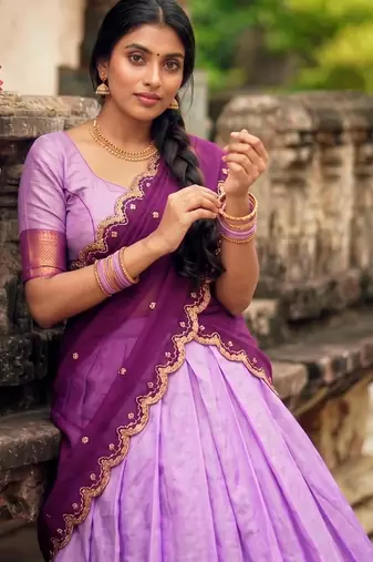 lavender cotton silk woven traditional lehenga choli with free size upto 42